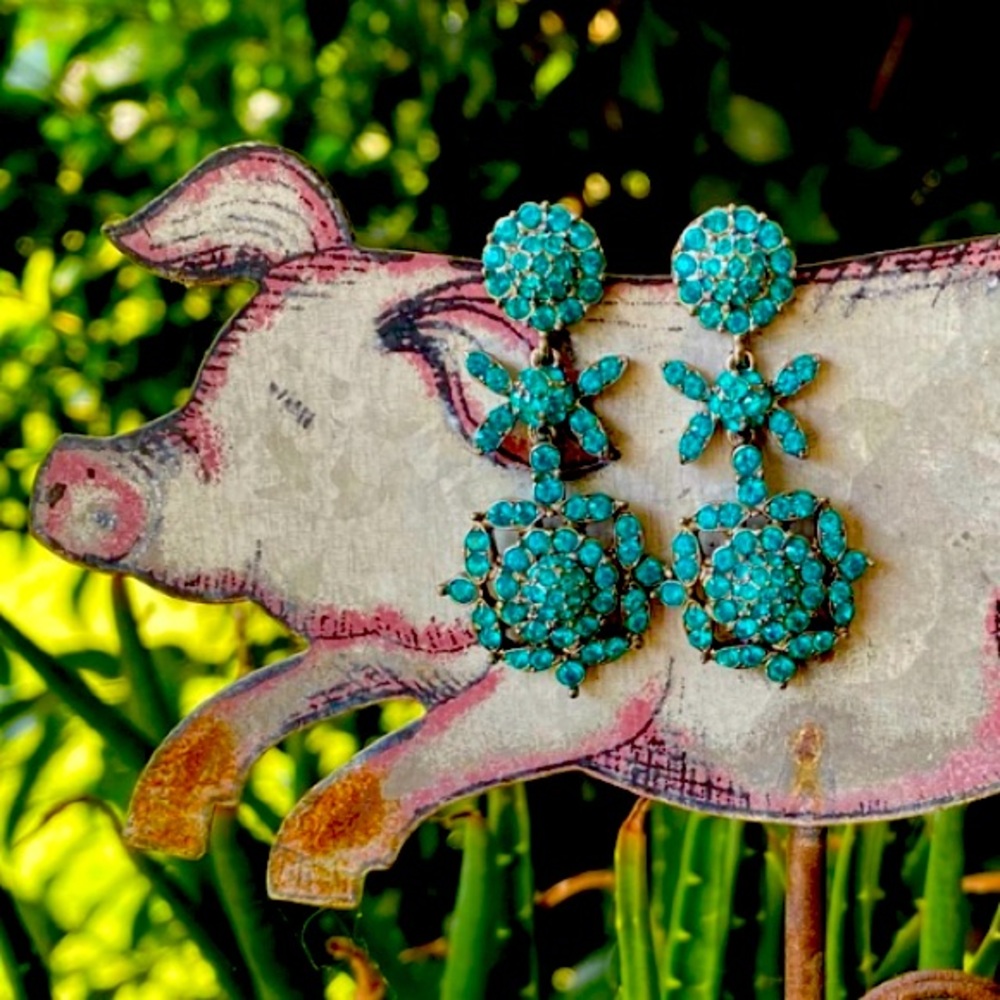 JOAN RIVERS TEAL CRYSTAL FLORAL DREAM PIERCED EARRINGS - Picture 5 of 10